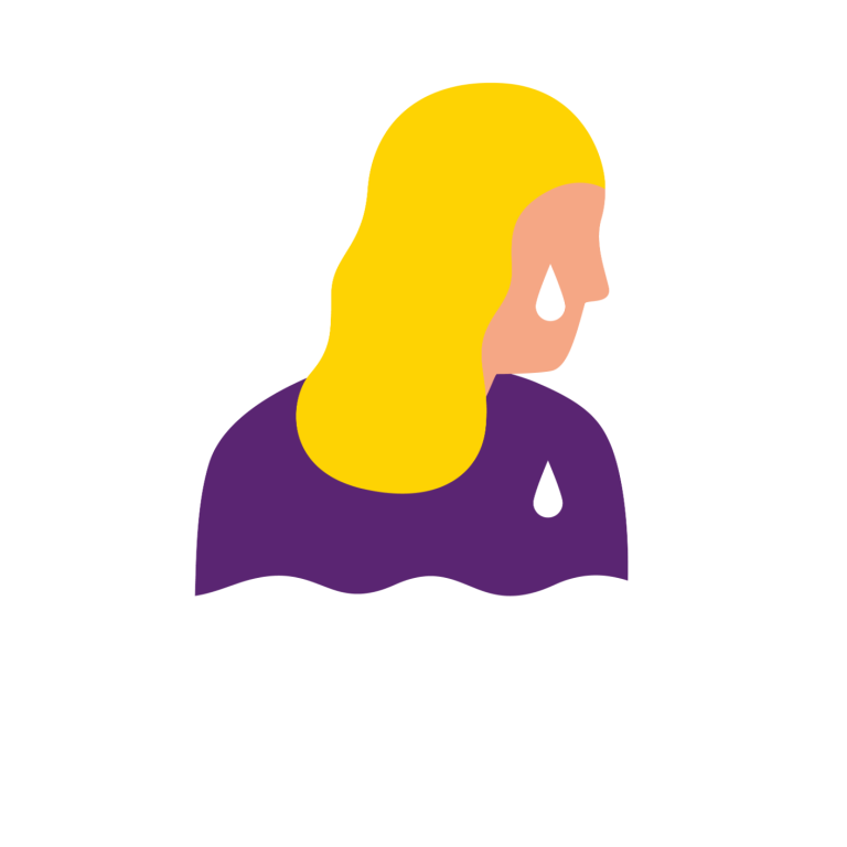 Person mit blonden Haaren und traurigem Gesichtsausdruck, eine Träne in der Wange.
