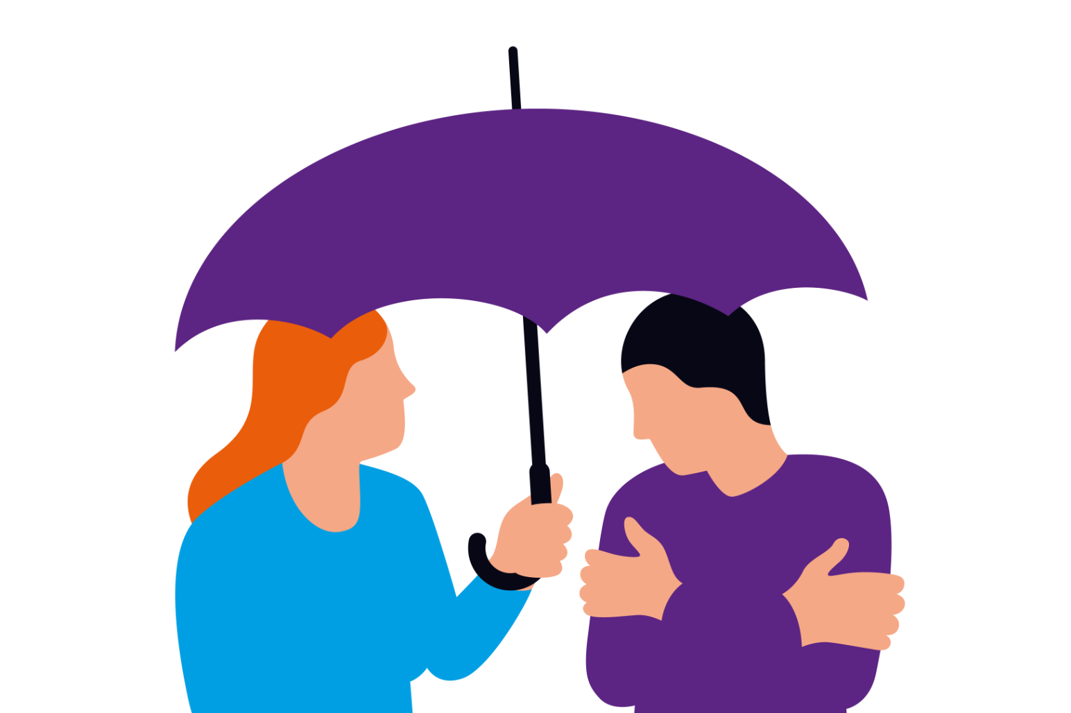 Zwei Personen stehen unter einem lila Regenschirm, eine wirkt unbehaglich.