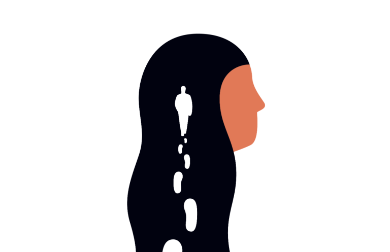 Profilansicht einer Person mit schwarzem Haar und orangefarbener Gesichtsfarbe.