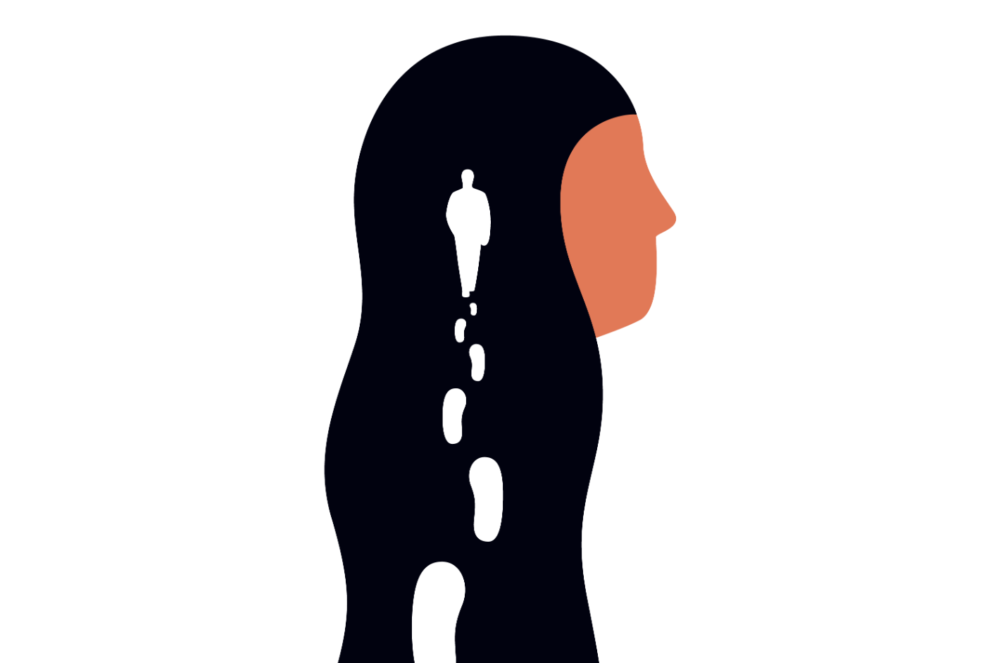 Silhouette eines Gesichts mit langen schwarzem Haar und orangefarbener Haut.