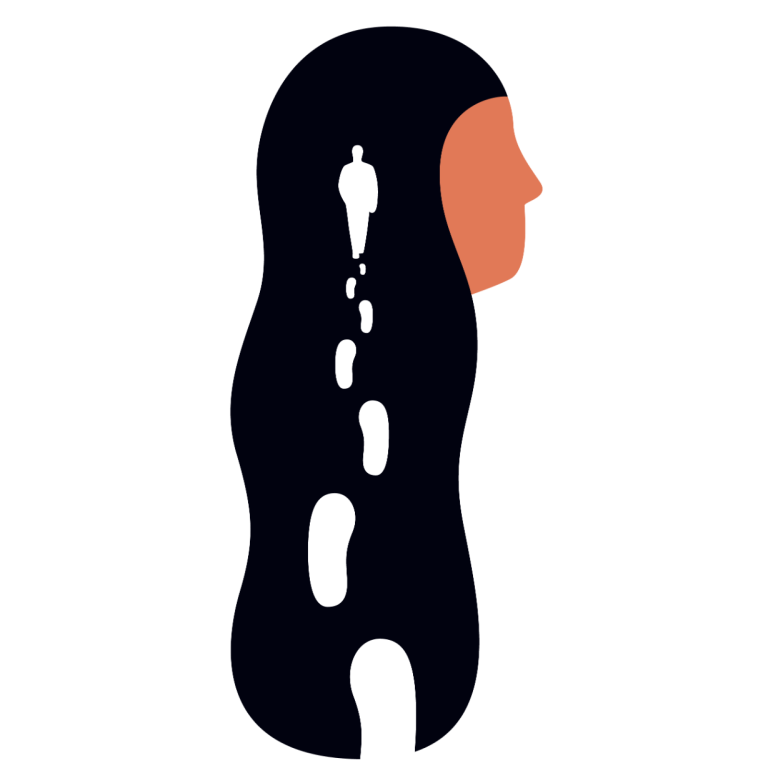 Silhouette einer Frau mit langem, schwarzem Haar und einem kleinen Schatten in der Mitte.