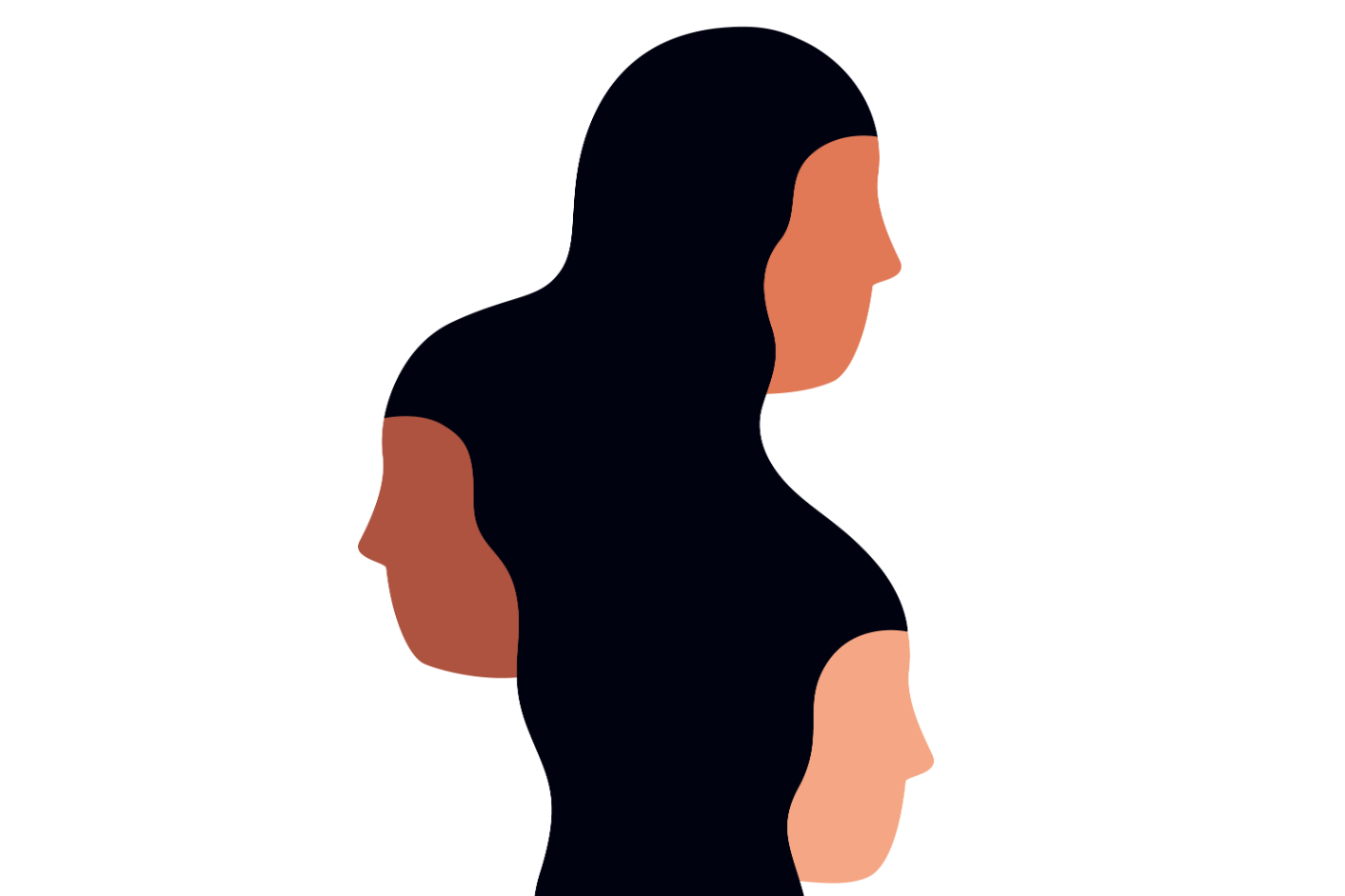 Drei stilisierte, abstrahierte menschliche Silhouetten nebeneinander.