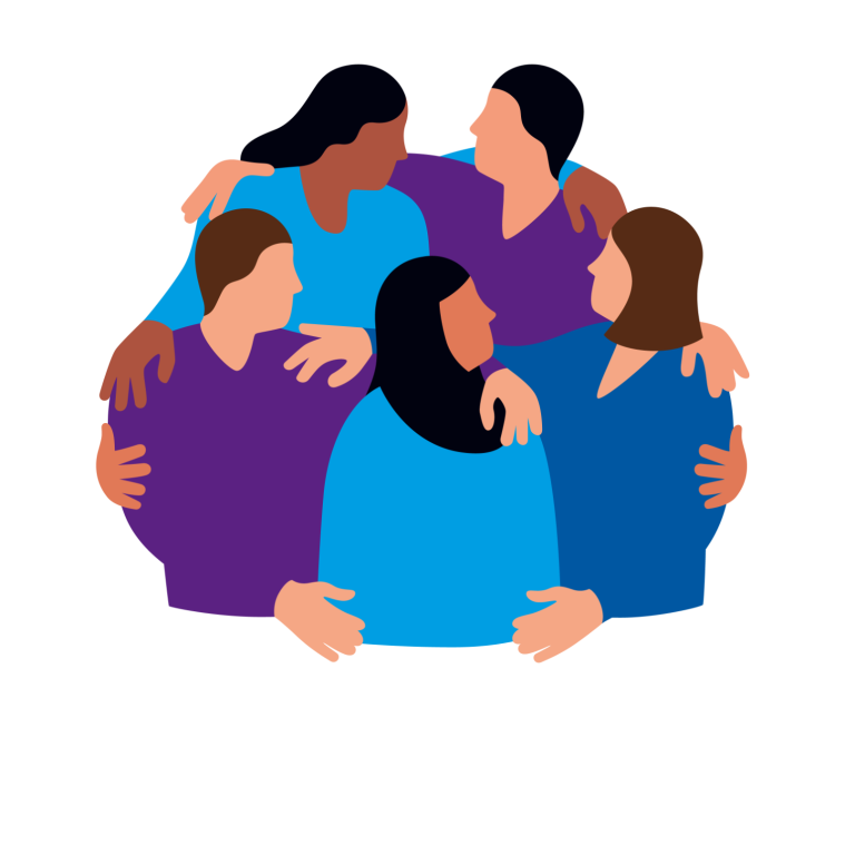 Sechs Personen umarmen sich in freundlicher, gemeinsamer Umarmung.